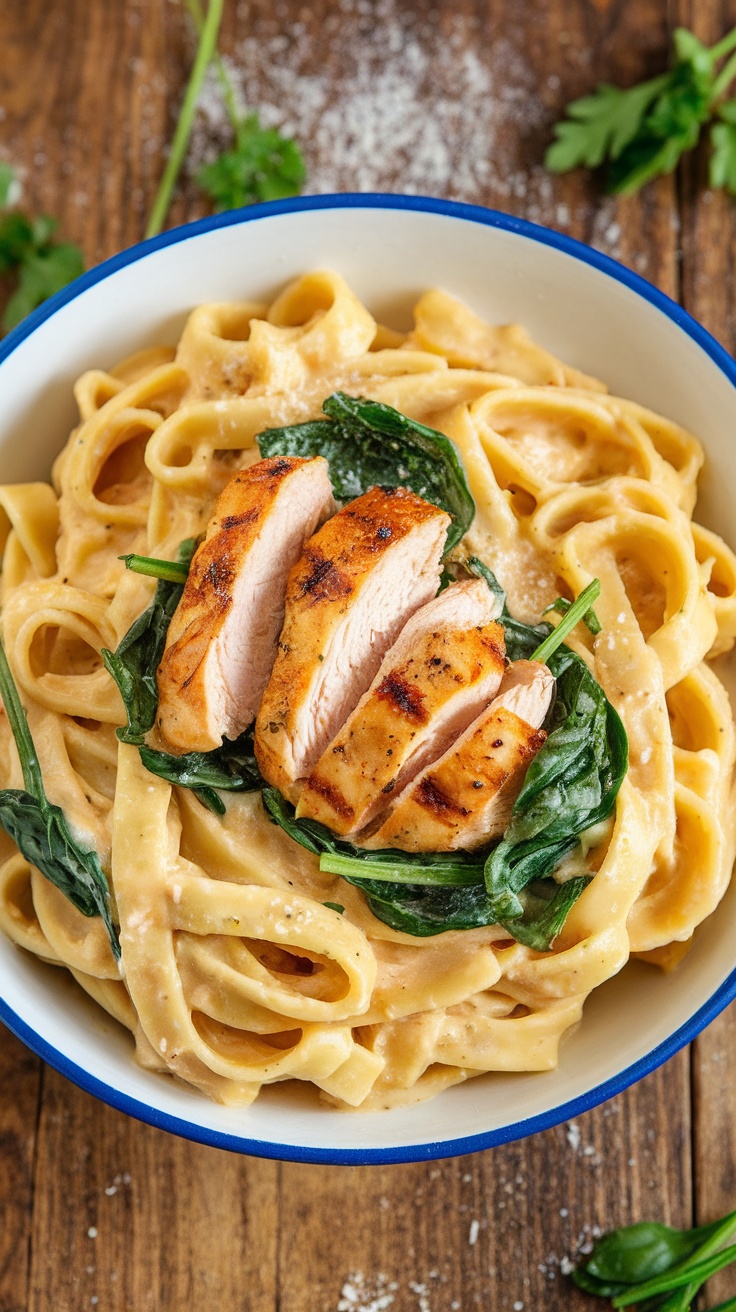Creamy Lemon Ricotta Parmesan Pasta with Chicken and Spinach Creamy lemon ricotta pasta with chicken and spinach in a bowl, garnished with parsley and Parmesan cheese.